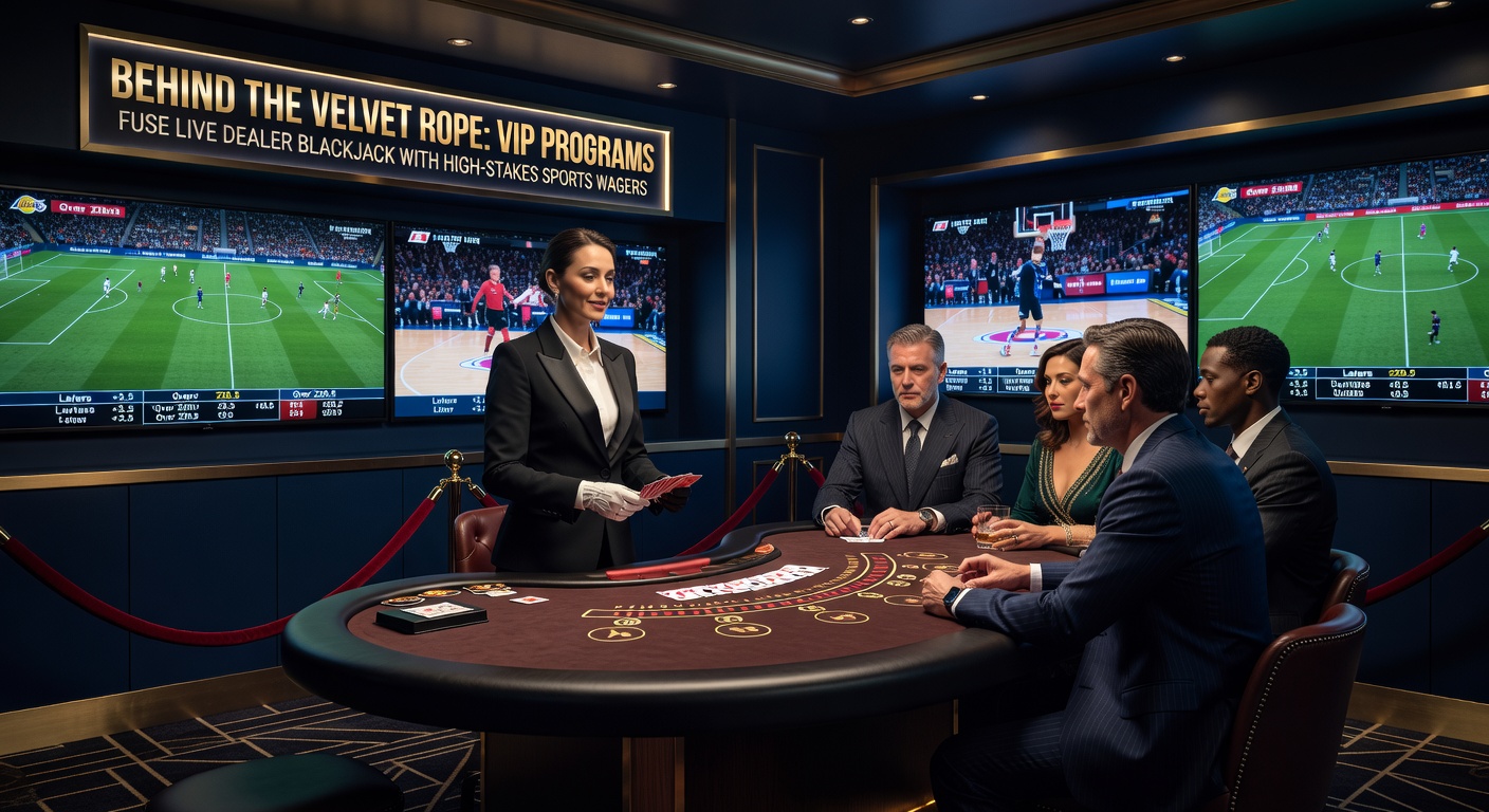 Elegant VIP lounge with live dealer blackjack table and sports betting screens glowing in the background, velvet ropes framing high-rollers in action