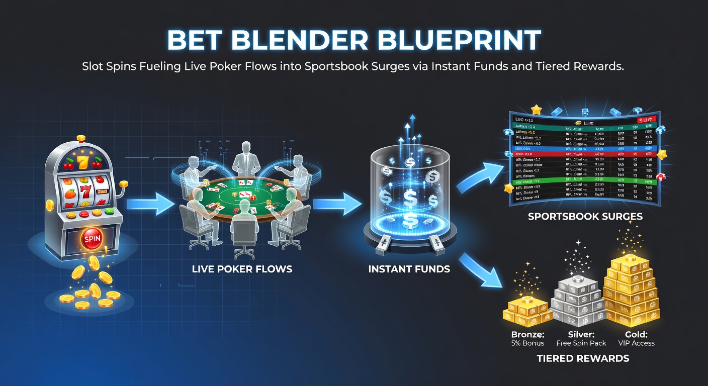Dynamic illustration of slot reels spinning into poker chips and sports betting odds on a digital dashboard, showcasing seamless fund flows