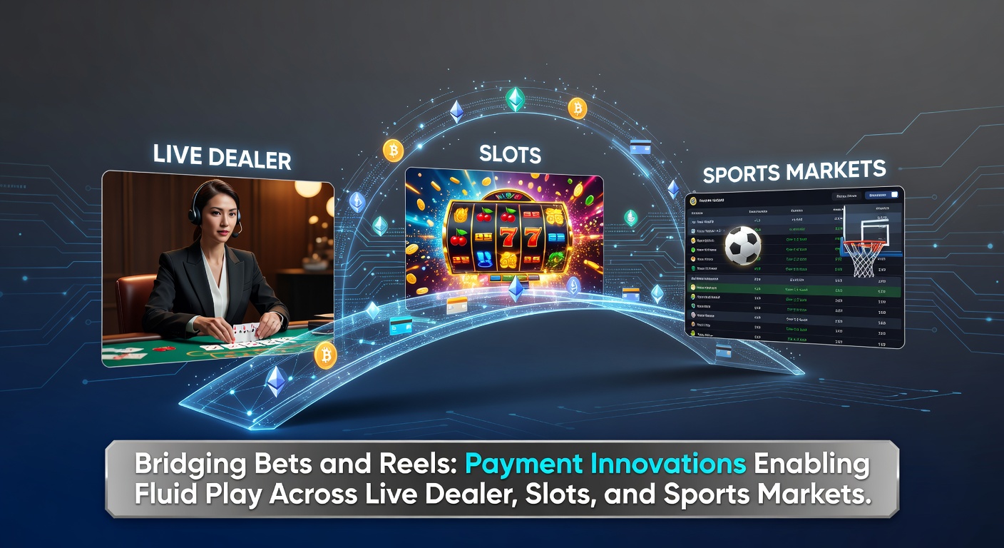 Digital payment interfaces connecting slot machines, live dealer tables, and sports betting screens on a mobile device, illustrating seamless fund transfers