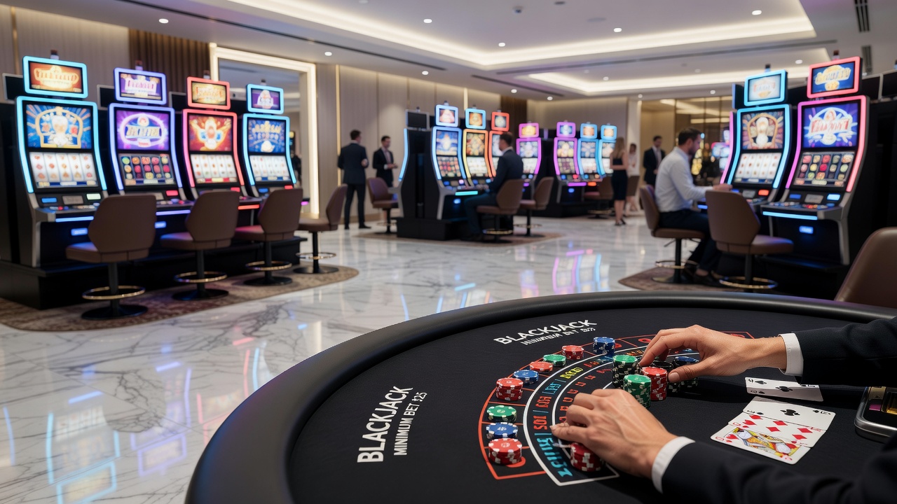 Players at a casino table engaged in card games with chips and cards visible