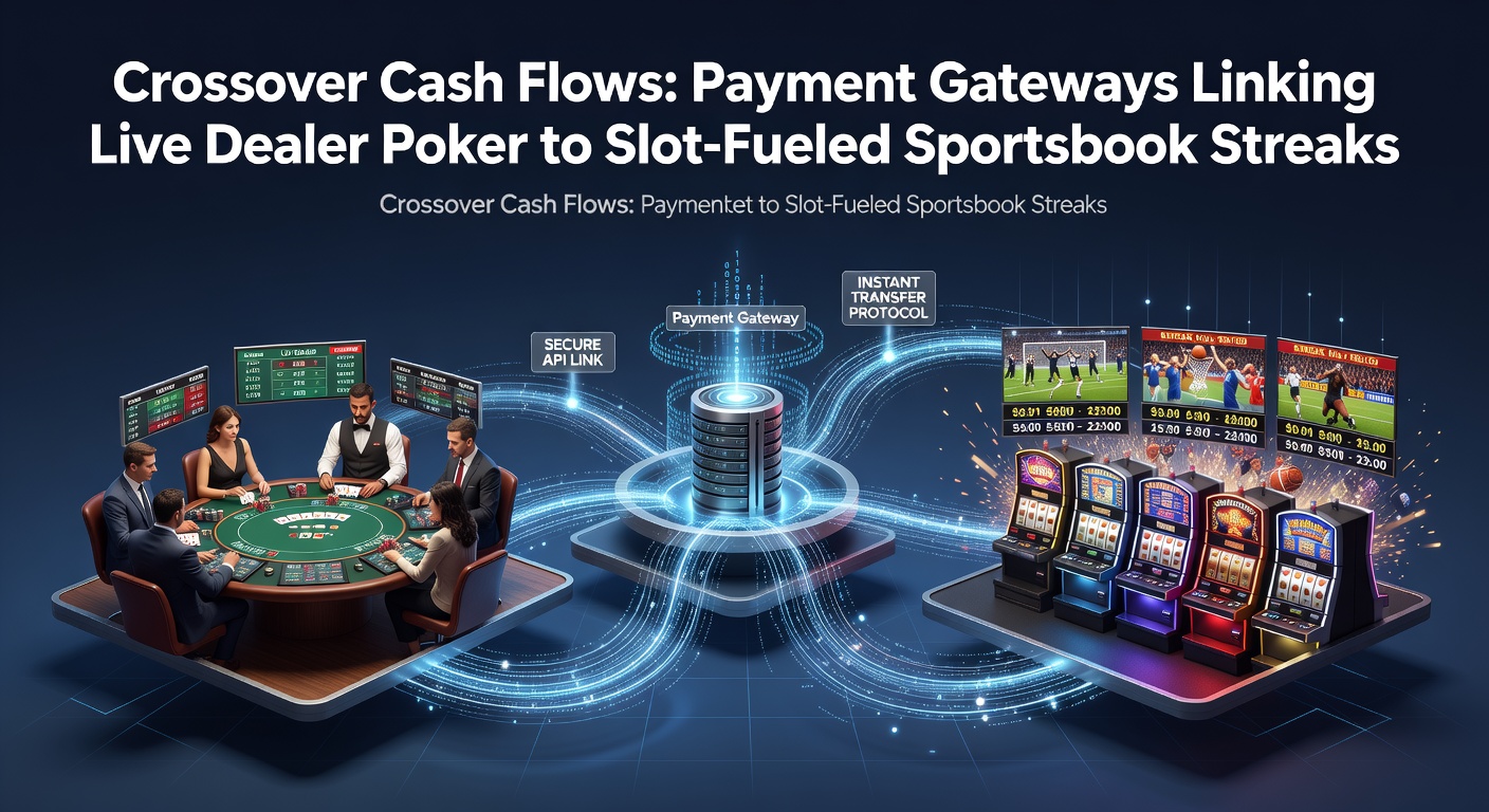 Digital streams of cash flowing between a live poker table, spinning slot reels, and a vibrant sportsbook interface, symbolizing seamless cross-game transfers