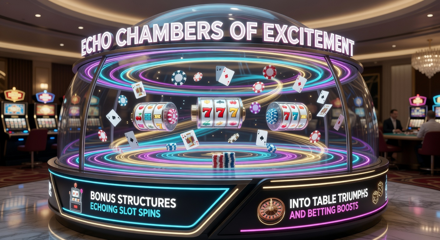 Vibrant digital graphic showing slot reels exploding with bonus coins that flow into blackjack tables and sports betting odds screens, symbolizing cross-game reward transfers