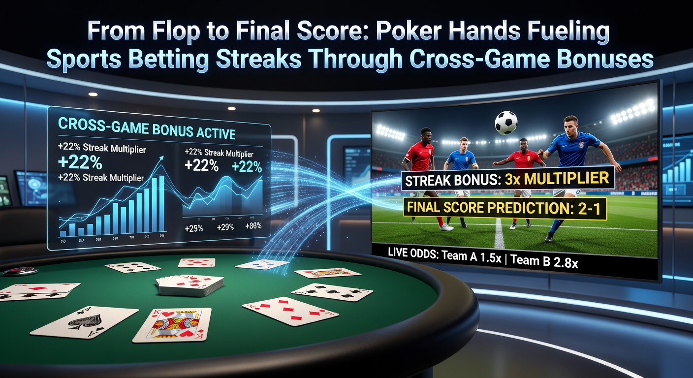 Close-up of a poker hand transitioning to a sports scoreboard with bonus icons overlayed on betting slips