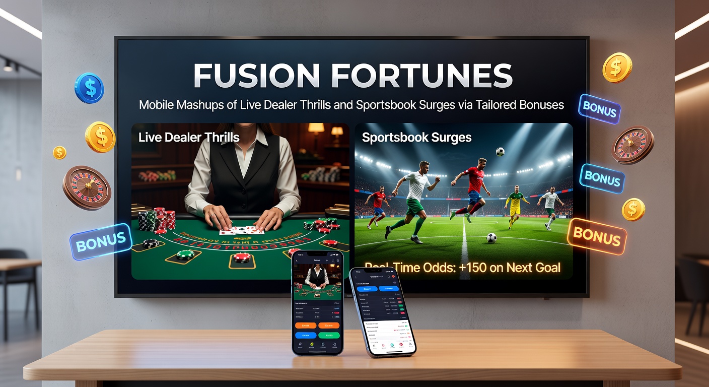 Smartphone interface fusing a live dealer craps table with overlaid sportsbook futures odds, featuring a bonus wheel offering hybrid rewards