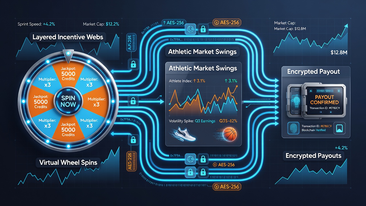 Flow chart illustrating encrypted payout channels between wheel spin rewards and athletic betting adjustments
