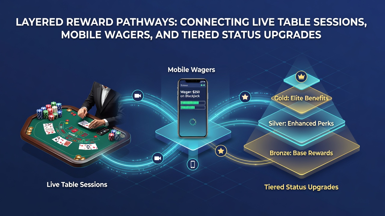 Flow diagram depicting digital transfers between live casino tables, mobile betting apps, and tiered loyalty upgrades