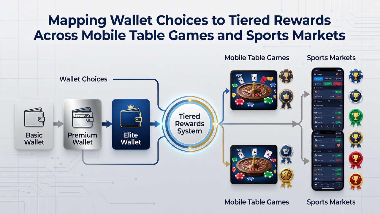 Infographic illustrating wallet types mapped to reward tiers in mobile sports and table game apps