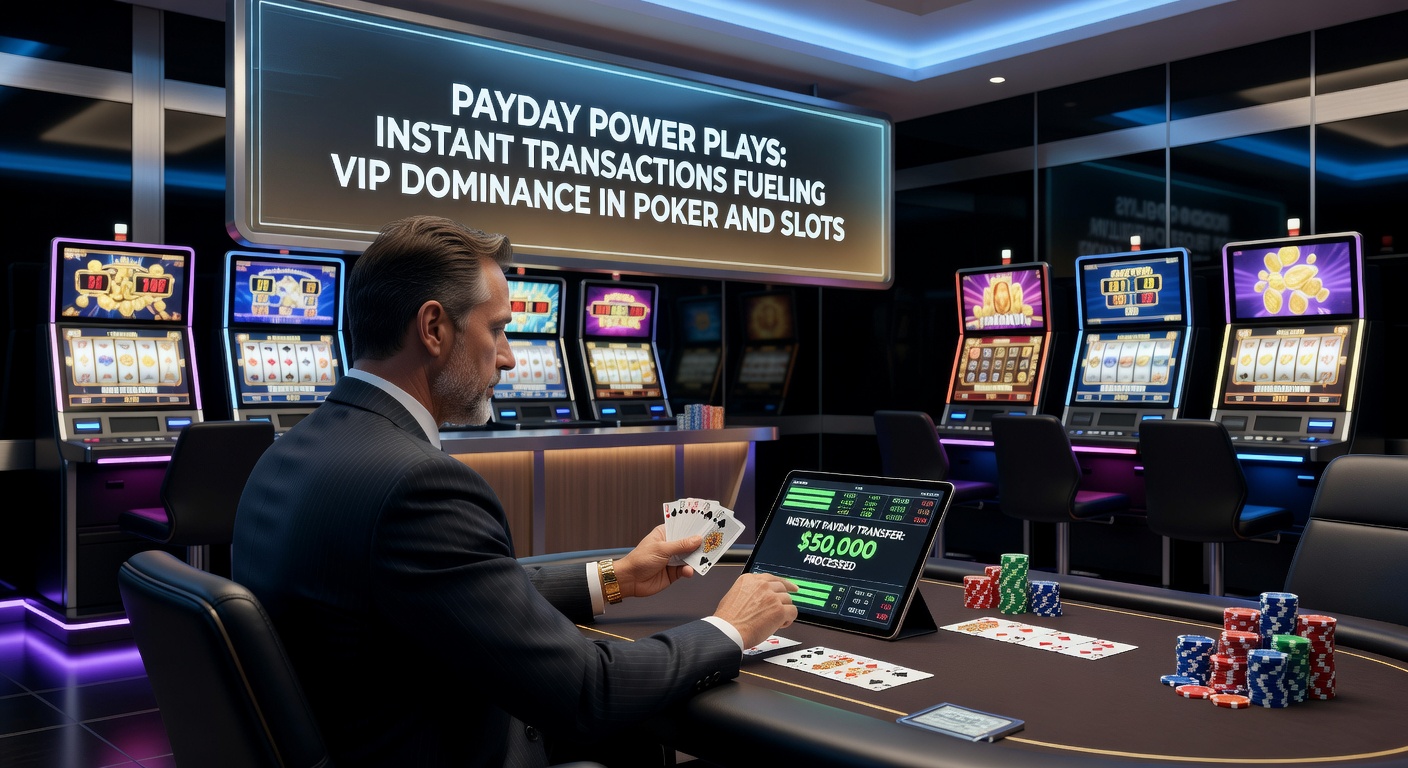 Dynamic graphic showing lightning-fast deposits powering high-roller poker tables and spinning slot reels under VIP spotlights