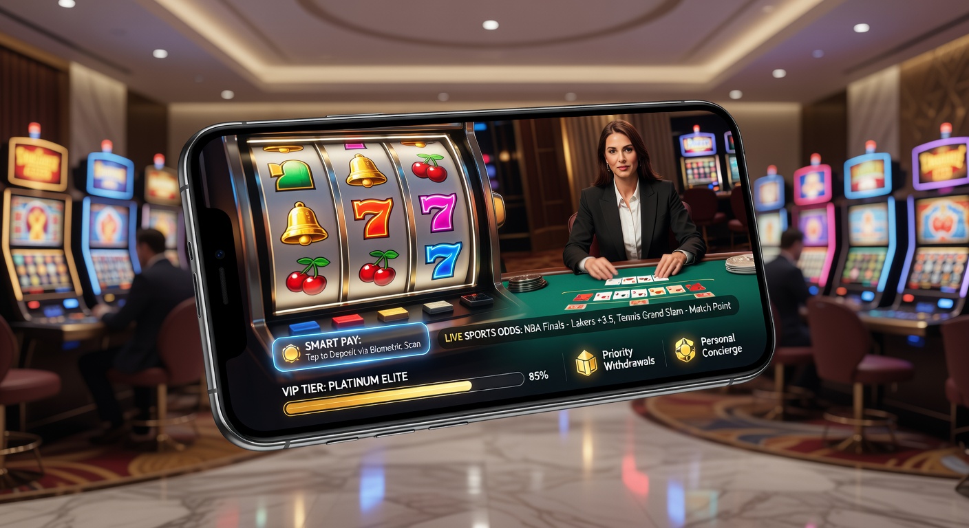 Mobile phone screen displaying a hybrid casino app with spinning slots, live blackjack dealer, and live sports odds overlay