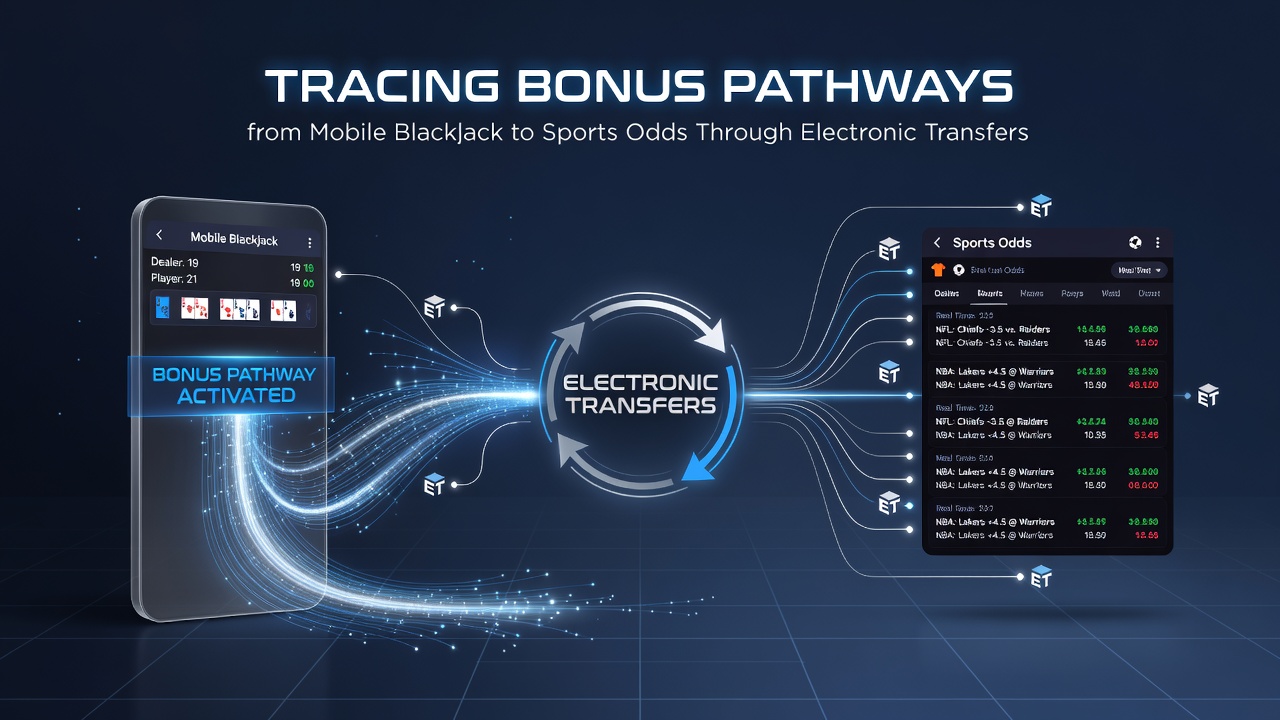 Flowchart showing electronic transfer process from blackjack bonuses to sports betting accounts with verification checkpoints