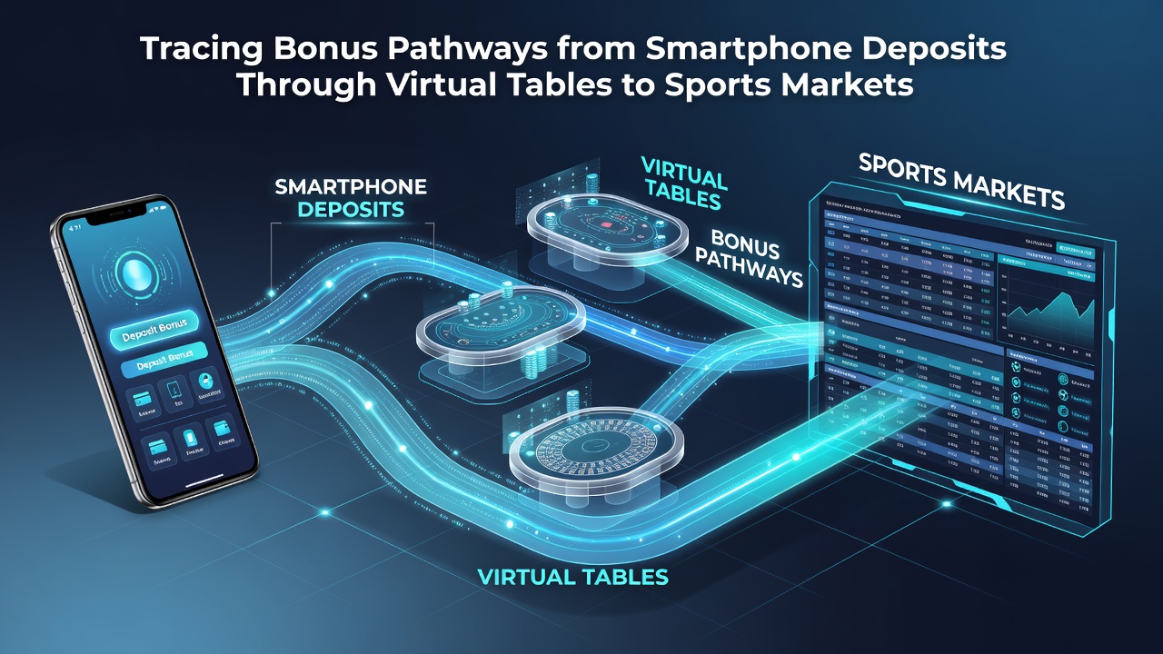 Flow diagram illustrating bonus movement from mobile deposits through virtual tables into sports markets