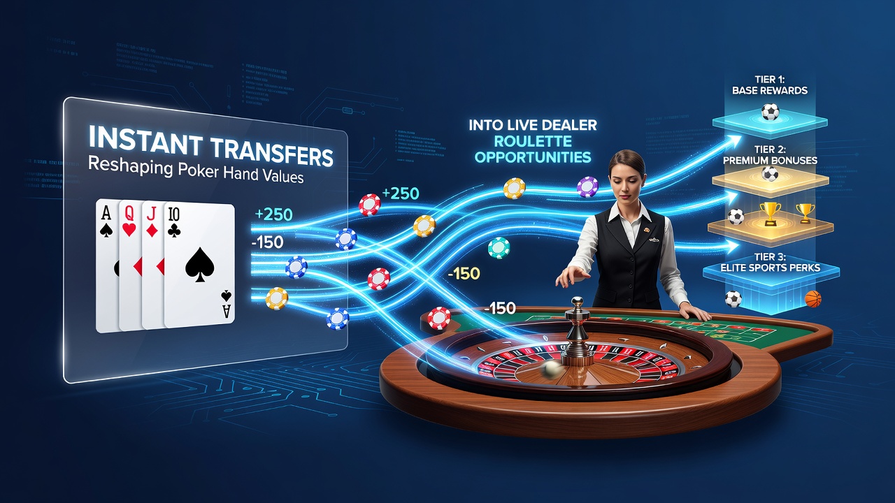 Digital payment flow connecting poker tables with roulette wheels and sports betting tiers