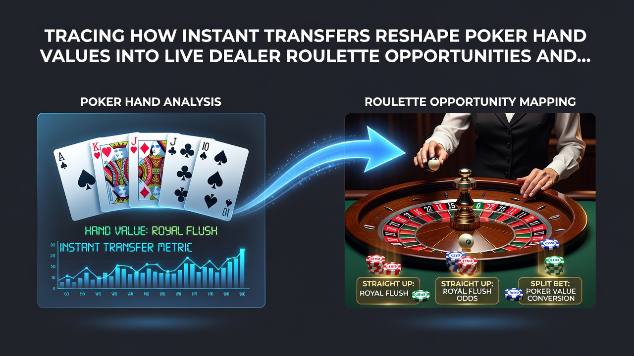 Flow diagram showing poker hand values moving through instant transfers to roulette and sports rewards