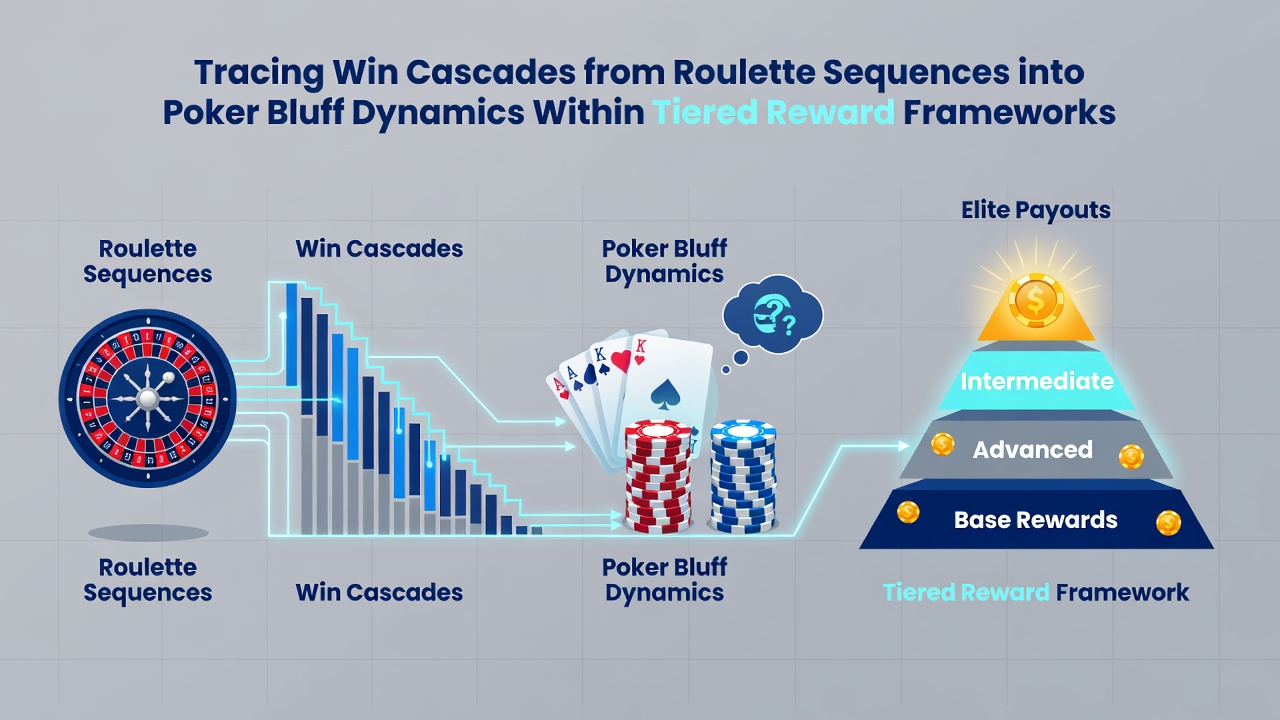 Poker table scene with digital overlays showing win streak indicators and tier progression bars