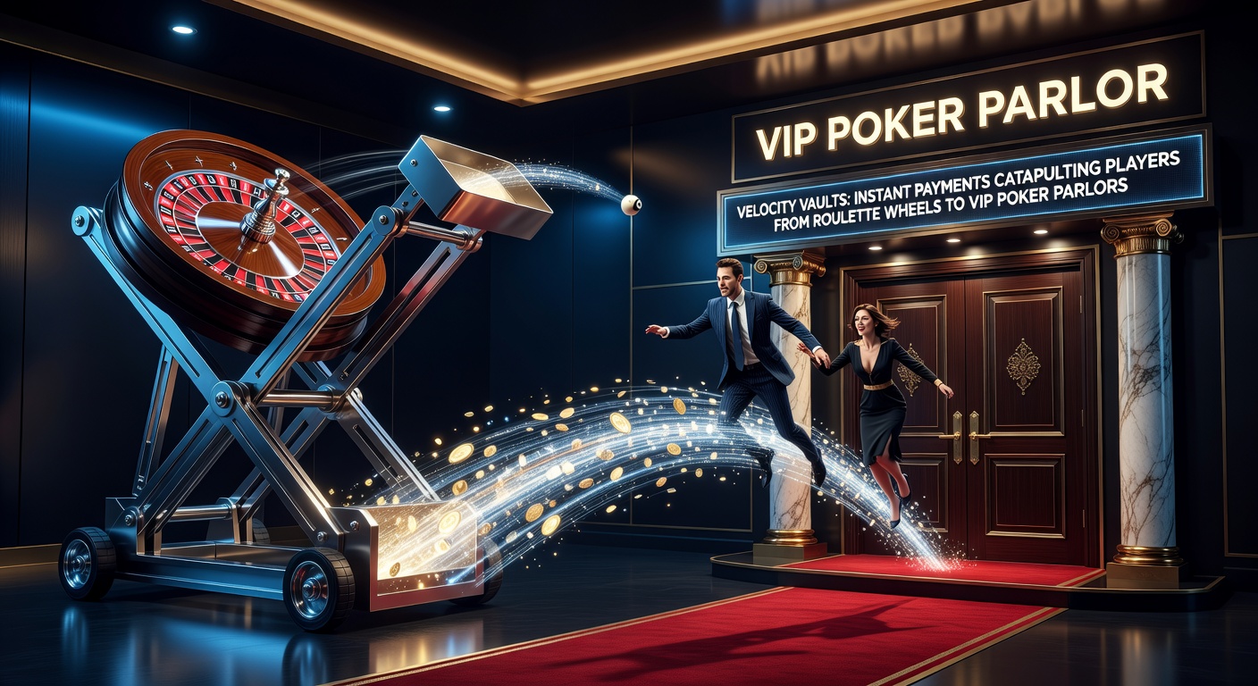 Dynamic illustration of a roulette wheel morphing into a luxurious poker table, with digital payment streams connecting them amid glowing vault doors