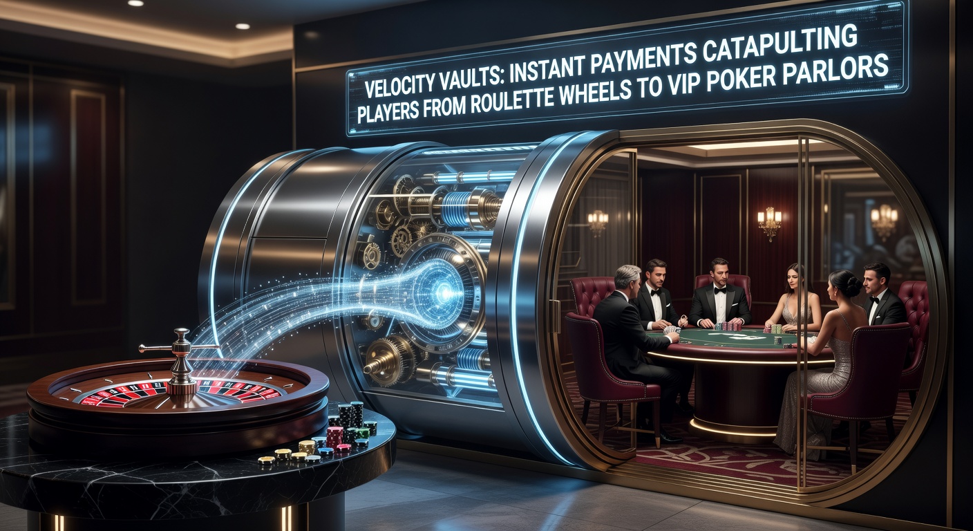 Close-up of a mobile screen showing instant deposit confirmation from roulette win to poker buy-in, with vault icons and speed lines emphasizing velocity