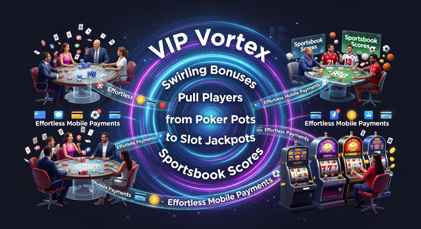 Dynamic swirl of VIP bonuses connecting poker tables, slot machines, and sportsbook interfaces on a mobile screen, illustrating seamless player transitions