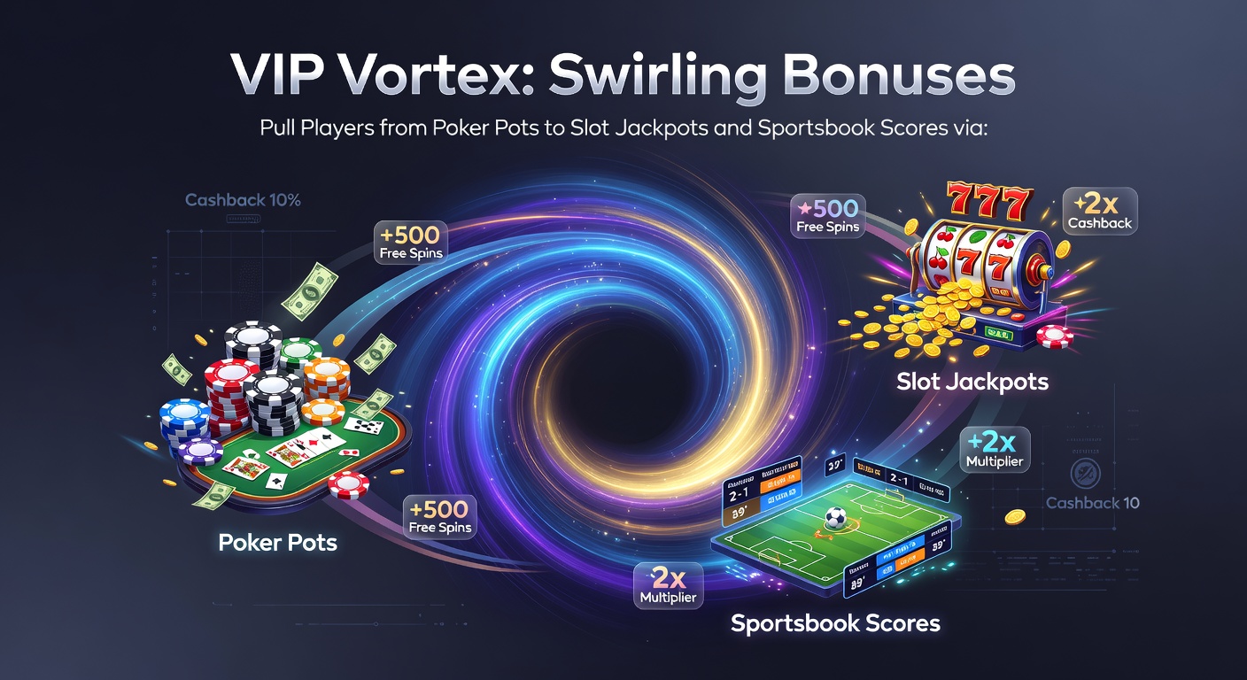 Close-up of a mobile phone displaying VIP bonus notifications transitioning from poker winnings to slot reels and sportsbook odds, with payment icons overlayed