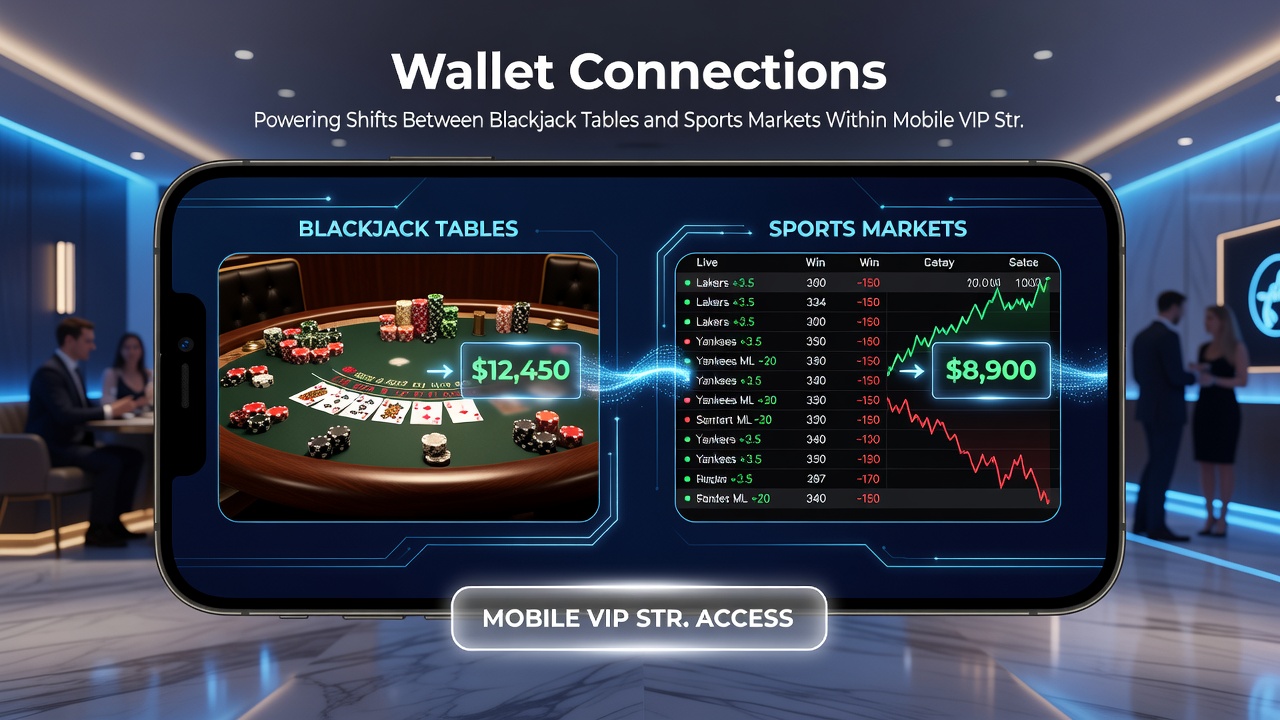 VIP dashboard displaying connected wallet balances across blackjack tables and sports betting markets on a smartphone screen