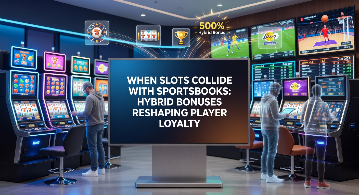 Vibrant digital collage showing slot machine reels spinning alongside sports betting odds screens, symbolizing the fusion of casino slots and sportsbook action in modern hybrid promotions